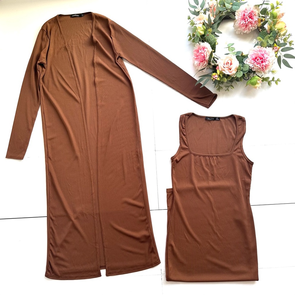 Boohoo Chocolate Ribbed Sleeveless Midi Dress and Duster Matching Set - Picture 8 of 15